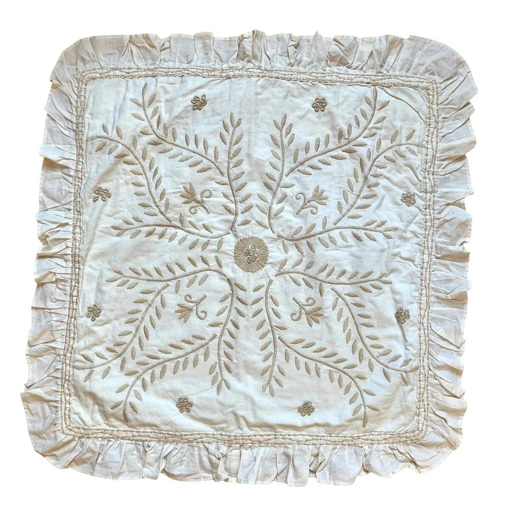 Pottery Barn Euro Pillow Shams Pair Cream Cotton Embroidered Ruffle Farmhouse